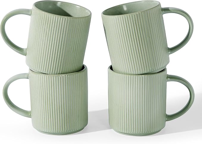 famiware Coffee Mug Set for 4, Star 16 oz Catering Mugs Cup Set with Handle for Coffee, Tea, Cocoa, Milk - Ceramic Stoneware Drinkware Set, Matte Green by Famiware