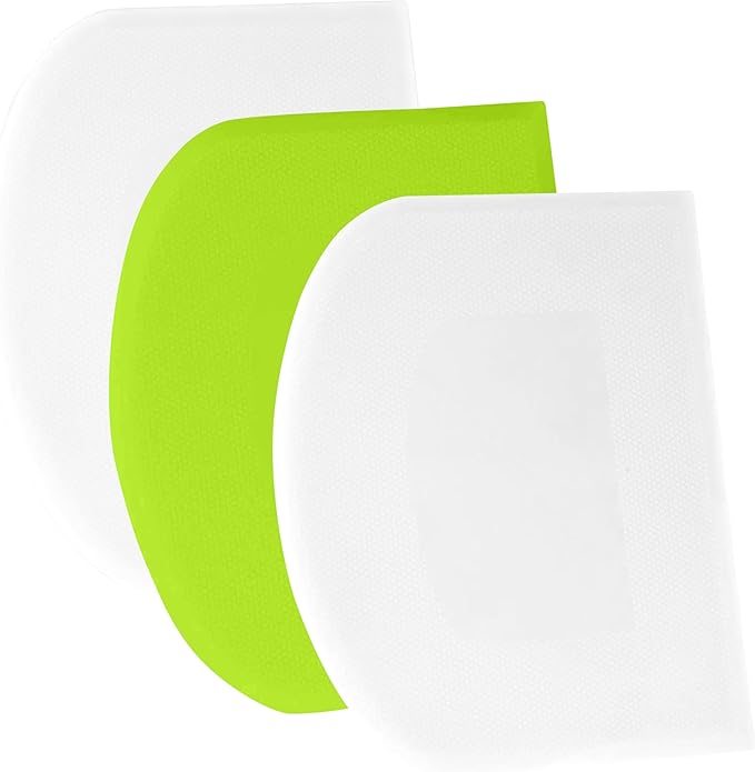 SURDOCA Dough Scraper Bench Scraper - 3P 9.5x6.1" Plastic Flexible Bowl Scraper, Sharp Edge & Angles Cake Scraper. Non-Slip Bakeware Decorating Tools Sculpting & Modeling Tools - White+Green+White