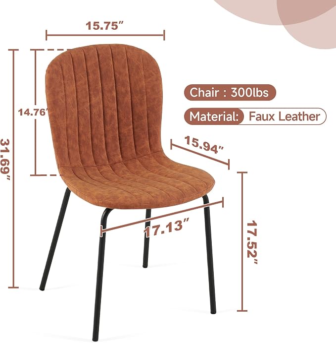 Dining Chair Set of 4, Upholstered PU Leather Seat with Black Metal Legs,Modern Comfortable Kitchen Chair, Curved Backrest Dining Chair for Dining Room Living Home(Mid-Century Brown) - Image 4