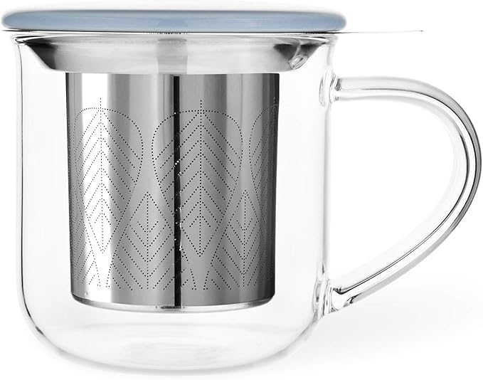 VIVA Minima Eva Glass Tea Cup with Mesh Infuser - Coffee Mug With Porcelain Lid/Saucer - 14 oz / 400 ml, Hazy Blue