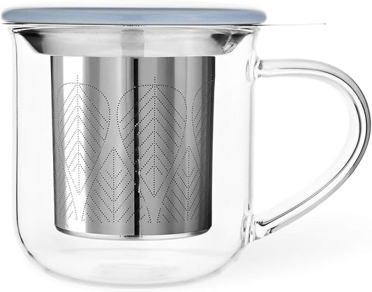 VIVA Minima Eva Glass Tea Cup with Mesh Infuser - Coffee Mug With Porcelain Lid/Saucer - 14 oz / 400 ml, Hazy Blue