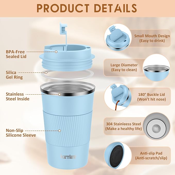 KETIEE Travel Coffee Mug 12oz: Insulated Coffee Cup with Leakproof Lid, Coffee Tumbler, Reusable Coffee Cups with Seal Lid, Vacuum Stainless Steel Coffee Mug to Go for Hot/Iced Water Tea - Image 3