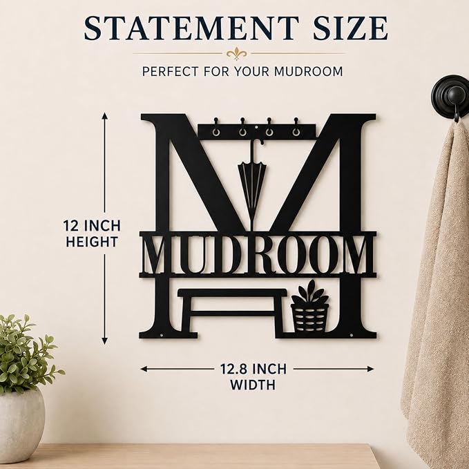 Mudroom Metal Wall Decor, Farmhouse Entryway Sign, 14 Inch | 14-inch matte black metal mudroom sign with pre-drilled holes for farmhouse entryway, hallway, or utility room decor. - Image 5