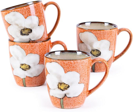 12oz Coffee Mugs Set of 4, Hand-Painted Floral Stoneware Cups with Handle, Dishwasher Microwave Oven Safe, Cappuccino Mugs for Latte, Tea, Espresso & Hot Cocoa, for Home Kitchen & Cafe, Pink by WHITEPENOY