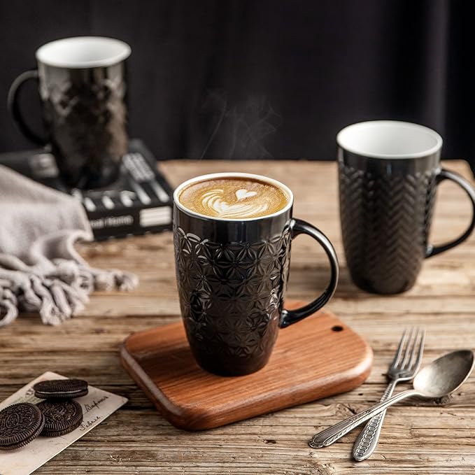 AmorArc Large Coffee Mugs Set of 6, 20oz Ceramic Tall Coffee Mugs Set with Textured Geometric Patterns for Coffee/Tea/Beer/Hot Cocoa, Dishwasher & Microwave Safe, Black&Beige - Image 6
