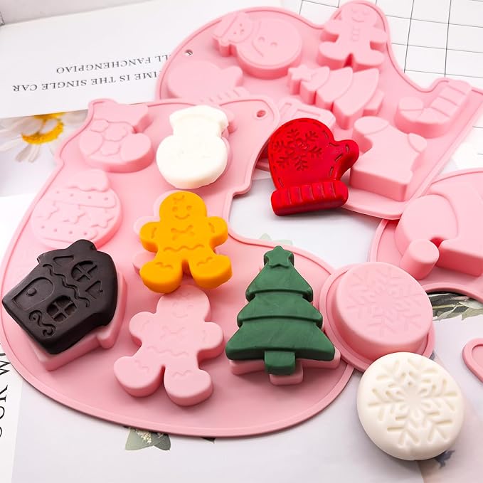 3 Pack Christmas Silicone Chocolate Molds, Xmas Holiday Baking Mold Snowflake Christmas Tree Snowman Gingerbread Man Santa Claus Shape Mold for DIY Candy Soap Candles Jello Cake Pans Cookie Trays