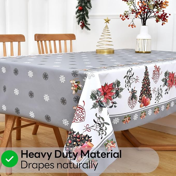 Christmas Table Cloth Rectangle Heavy Duty Vinyl Grey Christmas Tablecloth Plastic Reusable Santa Tablecloth Wpieable Waterproof PVC Xmas Table Cover for Dining Party New Year(Gray, 54"x78") - Image 5