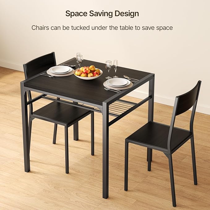 Gizoon 3-Piece Dining Table Set for 2, Small Kitchen Table & Chairs Black | Compact black 2-person dining set perfect for apartments. Features under-table storage rack and 2 chairs that tuck away. - Image 4