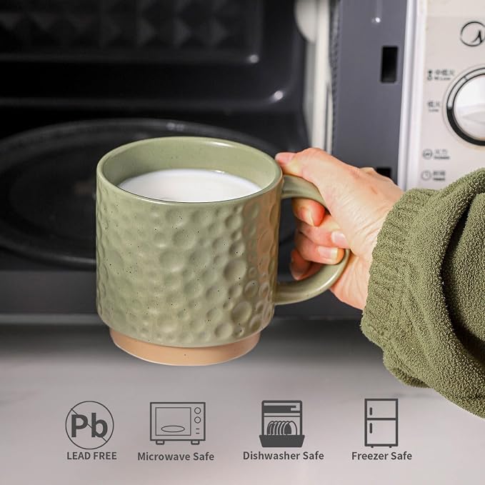Nihow 16 Oz Ceramic Coffee Mug Set of 4 with Stackable Stand,Matte Green | Stackable, Stainless Stand Included, Cappuccino & Tea, Hot/Cold Drinks, Dishwasher & Microwave Safe - Image 3