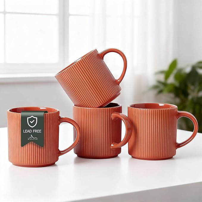 MONITO 16Oz Coffee Mugs Set of 4, Rustic Ceramic Coffee Cups Set with Large Handle, Vintage Striped Stoneware Coffee Mugs for Latte, Cocoa, Tea, Milk, Microwave & Dishwasher Safe, BRICK RED by MONITO