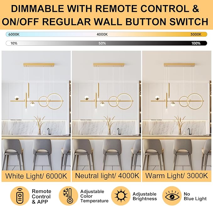 ORANOOR LED Gold Chandelier for Dining Room 39in Dimmable Modern Chandelier | Gold Pendant Lights for Kitchen Island, Linear Ring Globe Pendant Light Fixtures Dining Room Lights Ceiling Hanging - Image 5