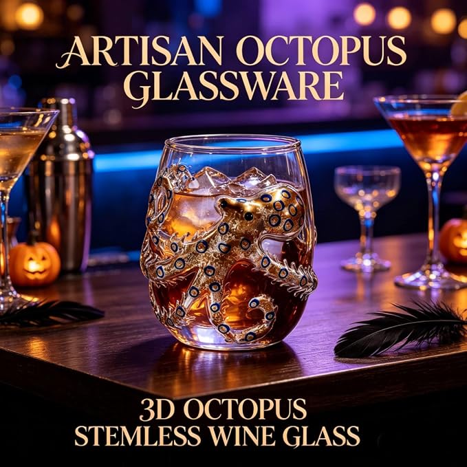 Artisanal Blue Ringed Octopus Glassware, 3D Octopus Stemless Wine Glasses | Handcrafted Marine Animal Bar Glass Collection, 12oz Octopus Drinking Cup for Cocktail, Ocean-Themed Coastal Home Decor Gift - Image 8
