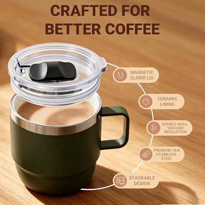 Zenbo 8 oz Stackable Coffee Mugs with Handle & Magnetic Sliding Lid, 2 Pack | Ceramic-Lined 18/8 Stainless Steel Espresso Cups, Double-Wall Vacuum Insulated Mini Tumblers, Dishwasher Safe, Sage Green - Image 3
