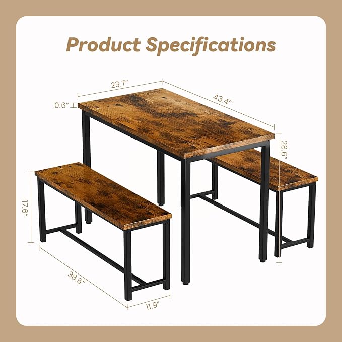 Recaceik Dining Table Set for 4 Kitchen Dining Room Set with 2 Dinner Benches, Farmhouse Breakfast Table for Apartment Small Space, Easy Assembly - Image 4