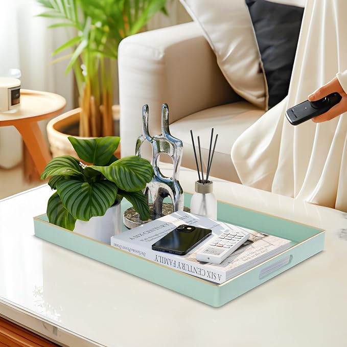 MAONAME Mint Green Decorative Tray for Ottoman, Serving Tray with Handles | Plastic Melamine Tray, Modern Coffee Table Tray, Rectangle Countertop Organizer Tray for Living Room, 15.8"L x 10.2"W x 1.4"H - Image 5