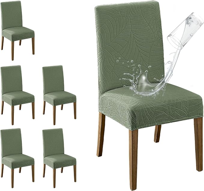 MOSAYT 100% Waterproof Dining Room Chair Covers Set of 6, Super Fit Stretch Jacquard Parson Chairs Slipcovers Removable Washable Chair Seat Protectors for Home, Kitchen, Banquet (Green - XL) by MOSAYT