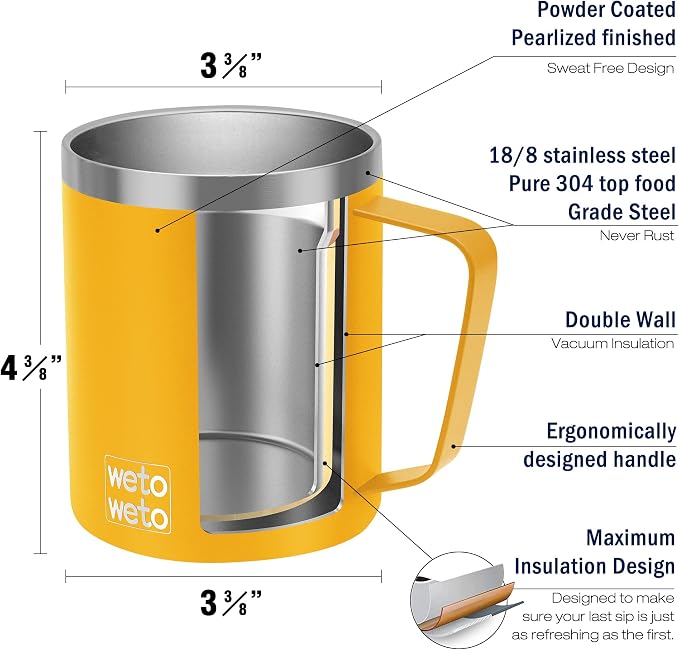 WETOWETO 14 oz Coffee Mug, Vacuum Insulated Camping Mug with Lid, Double Wall Stainless Steel Travel Tumbler Cup, Coffee Mugs Outdoor, Powder Coated Alpine Yellow - Image 3