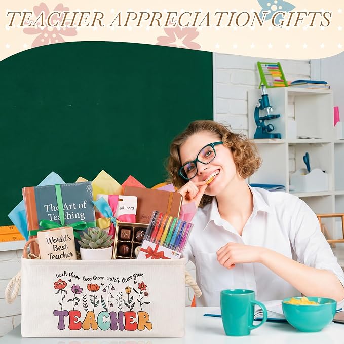 Marsui Teacher Basket Teacher Appreciation Gifts Book Storage Basket Large Foldable Linen Reading Accessories Back to School Teachers Storage Bins Gifts from Student Classroom Office Home - Image 6