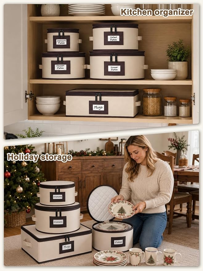punemi Fine China Storage Containers, 5-Piece Hard Shell Set for Moving | Quilted dish protectors; with dividers, stackable organizer for coffee mug plates and dinnerware, for packing & moving, beige - Image 7