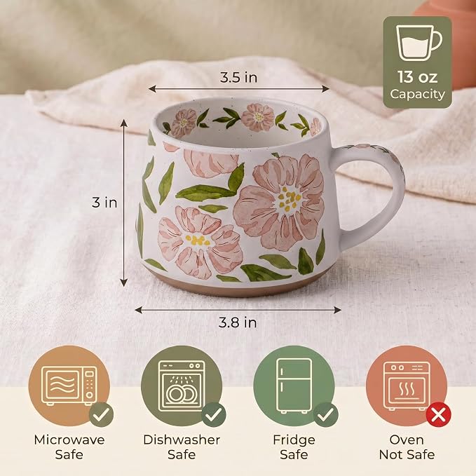 Ceramic Coffee Mug, 13oz Floral Design Pottery cute mugs, Ideal Gift for Women unique vintage pretty coffee mugs (Pink Bulky Flower Mug) - Image 6