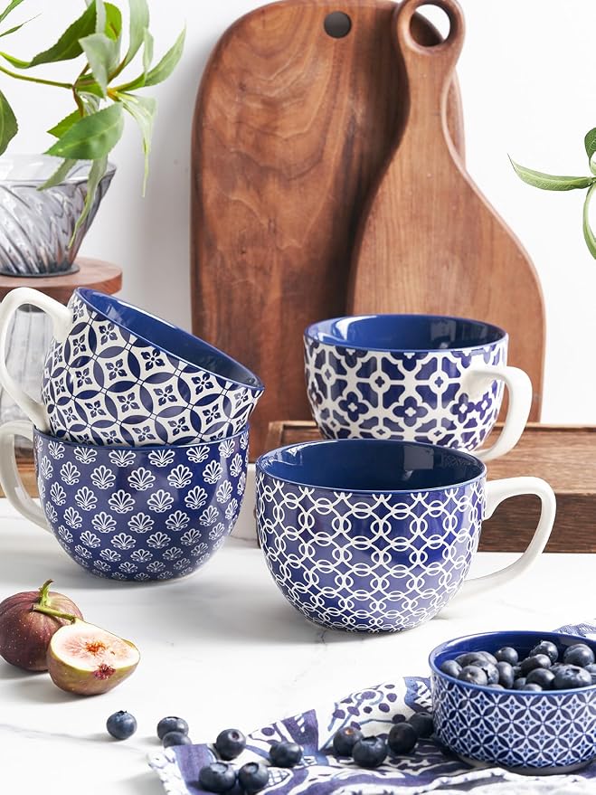 DOWAN Coffee Mugs Set of 4, 24 oz Large Coffee Mugs, Jumbo Soup Mugs With Handles, Ceramic Coffee Cups for Coffee Cereal Latte for Men Women, Housewarming Wedding Gift, Vintage Blue - Image 8