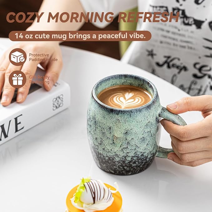 Sage & Moss Nebula Ceramic Coffee Mug - 14 oz Unique Reactive Glaze Coffee Cup with Large Handle, Barrel Cute Mug for Women Men Home Office Gift - Image 5