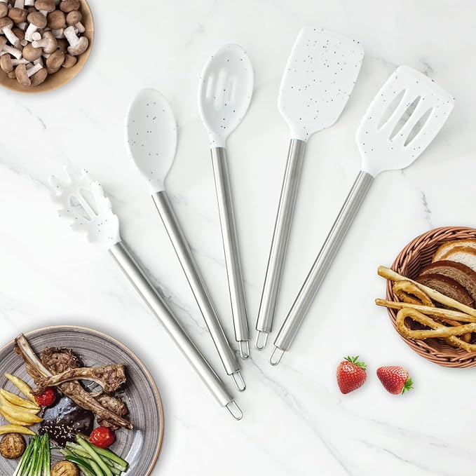 COOK WITH COLOR Silicone Cooking Utensils, Kitchen Utensil Set, Easy to Clean Silicone Kitchen Utensils, Cooking Utensils for Nonstick Cookware, Kitchen Gadgets Set, 5 Pieces, Speckled White - Image 8