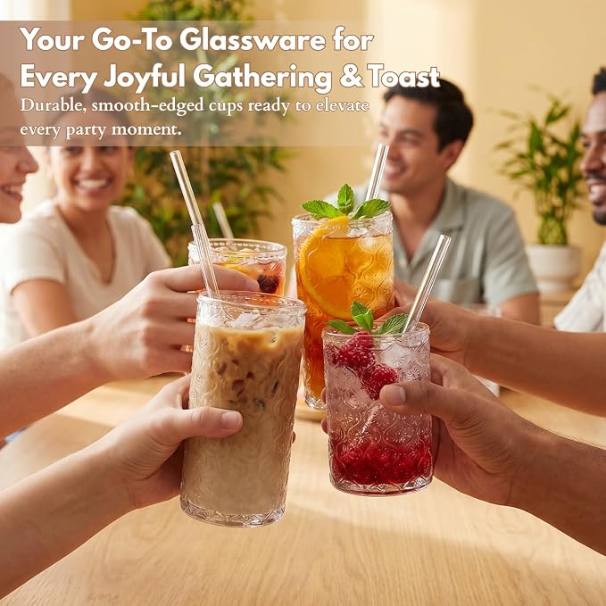 Clear Drinking Glasses Set of 8, 12 Oz Highball & 10 Oz Cocktail Glasses with Straws, Thick Glass Iced Coffee Cups, Floral Embossed Kitchen Vintage Glassware Set for Water, Beer, Juice, Whiskey - Image 5