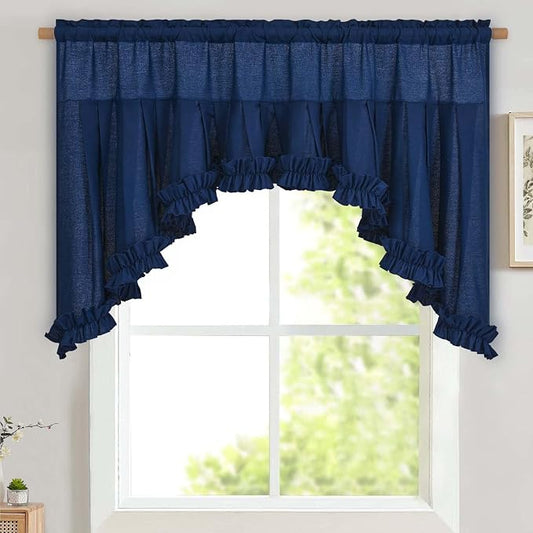 Likiyol Linen Valances for Windows Farmhouse Ruffle Swag Valance Rustic Country Window Valances Light Filtering Kitchen Curtains Rod Pocket Valance Curtains for Bathroom Cafe, Navy Blue, 60"W x 36"L by Likiyol