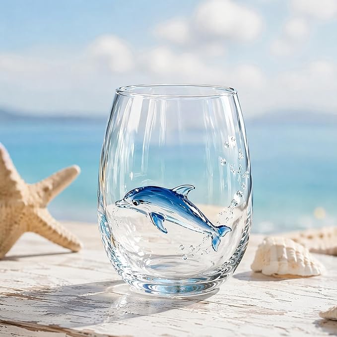 Ocean Themed Dolphin Hand-Blown Coastal Glassware | Ocean Themed Octopus Glassware Hand Blown Coastal Stemless Wine Glasses - Unique Coastal Decor Gift for Ocean Lovers - Image 4