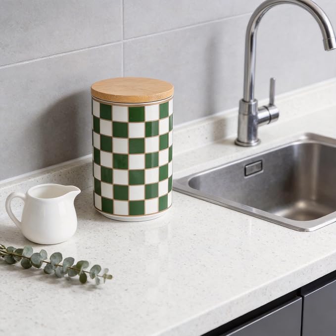 Kitchen Countertop Ceramic Checkered Canisters,Black And White Food Storage Containers With Lid,Airtight Kitchen Canisters for Flour, Sugar, Coffee, Tea, and Dry Goods (Green, Large) - Image 4