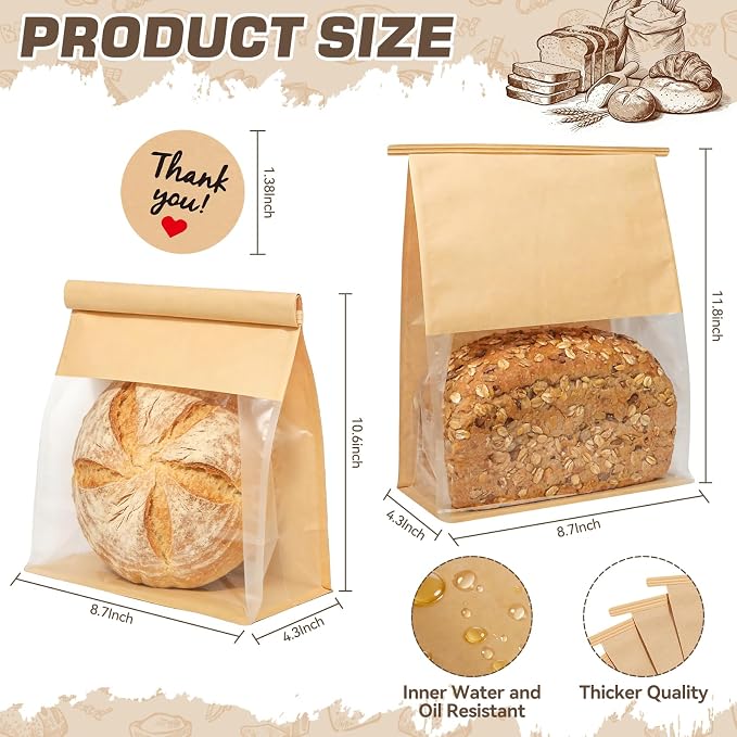 30 Pcs Bread Bags for Homemade Bread, Heavy Duty with Tin Tie Lock & Clear Window, 11"x8.7"x4.3", Large Sourdough Bread Bags, Stickers Included for Loaves, Cookies, Popcorn, Hamburgers - Image 2