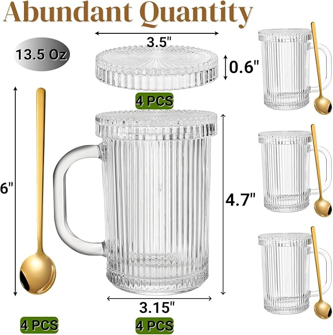 Noamus 4 Pack Glass Coffee Mugs with Lid and Spoon, 13oz Ribbed Vertical Stripes Tea Cup, Classic Clear Drinking Glassware Set for Hot Cold Beverage, Housewarming Christmas Anniversary Birthday Gift - Image 2