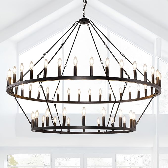 60 Inch Black Wagon Wheel Chandelier, 2 Tier 54-Lights Farmhouse Chandelier for Living Room, Round Rustic Dining Room Light Fixture, Extra Large Foyer Chandeliers for High Ceilings, for Entryway by SofaFurniture