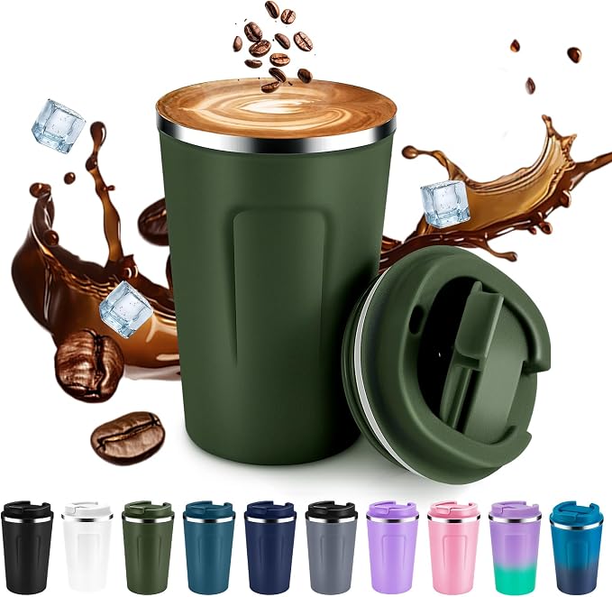 Volhoply 12 oz Double Wall Insulated Vacuum Travel Coffee Mug with Flip Lid,Reusable Stainless Steel Leak Proof Coffee Cup,Portable Cafe Thermal Tumbler Suitable for Hot&Cold Drinks(Army Green,1 Set) by LiveFully%EF%BC%8CDrinkFreely%E2%80%94KeepGoingwithVolhoply%EF%BC%81