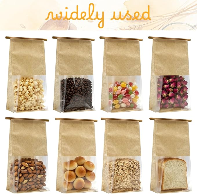 Cookie Bakery Bags with Window Small Bread Baked Goods Packaging Tin Tie Tab Closure for Candies, Treats, Snack - Brown Kraft Paper 45 Pcs 11x5.1x3.9 Inch - Image 3