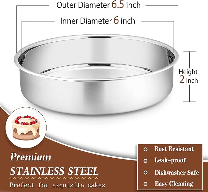 P&P CHEF 6 Inch Round Cake Pan Set of 3, Stainless Steel Baking Cake Pans | Round Baking Cake Pan Bakeware for Layer Birthday Cake, Fit Oven/Pots/Pressure Cooker, Leakproof & Dishwasher Safe, Silver - Image 2