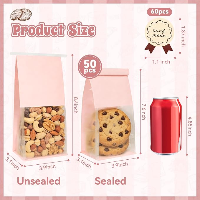 Funcoo 50 Cookie Bags with Seal, Resealable Bakery Bags with Window, Pink Paper Treat Bags for Packaging Pastry, Muffin, Cookie, Baked Goods, Included 60 Handmade Stickers - Image 2