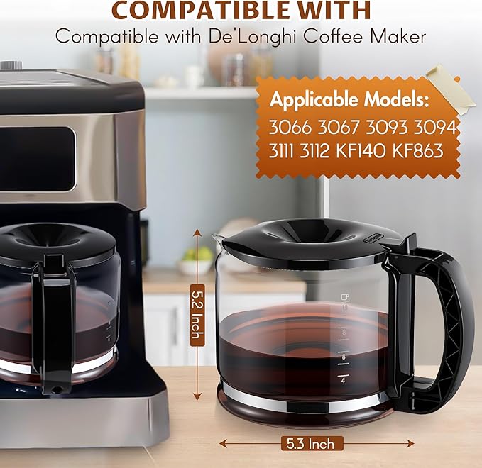 Glass Coffee Carafe Compatible with Delonghi 3066 3067 3093 3094 3111 3112 Kf140 Kf863, Coffee Pot Compatible with 7313283649, Espresso Carafe Machine Parts, 10 Cup / 750ml