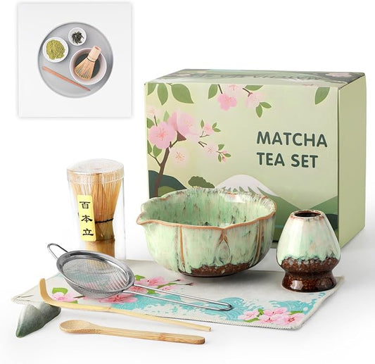 Matcha Whisk Set, 8 Pcs Matcha Kit with Bowl and Whisk Holder, Ceramic Japanese Complete Macha Starter Kit for Beginners, Christmas Gift for Macha Lovers（Green）