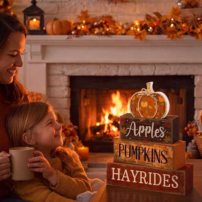 Moucuny 4 Pcs Fall Pumpkin Decor Fall Decorations for Home Wooden Pumpkin Decor Thanksgiving Table Centerpiece Rustic Hay Rides Autumn Stacked Block Signs Farmhouse for Harvest Party Home Kitchen - Image 5