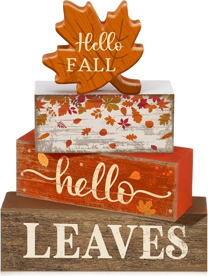 Moucuny 4 Pcs Fall Decor Wooden Maple Leaf Decoration Thanksgiving Tiered Tray Decor Rustic Wooden Maple Leaf Block Sign Thanksgiving Table Centerpiece Farmhouse for Autumn Harvest Party Kitchen Home by Moucuny