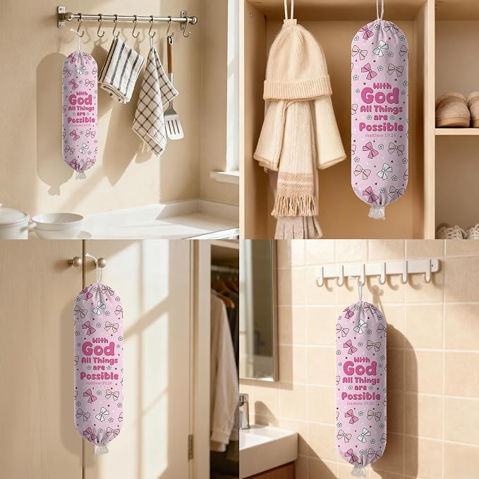 Pink Bow Plastic Bag Holder, Wall Mount Organizer for Reusable Canvas Grocery Bags, Decorative Home Kitchen Pantry Decor Hanging Bag Dispenser, Christian Shopping Bags Storage Dispenser - Image 7