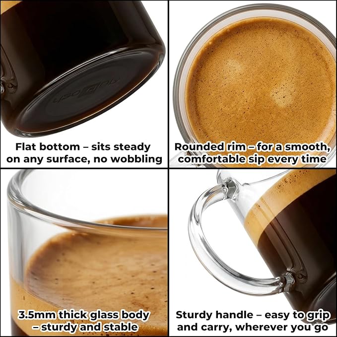 Aquach 12oz Glass Mugs Set of 4, Clear Borosilicate Cups with Handle | Dishwasher/Microwave Safe, 3.5mm Thick, Single-walled, Smooth Rim, Stable Flat Base, Fits Hot/Cold Brews - Image 5