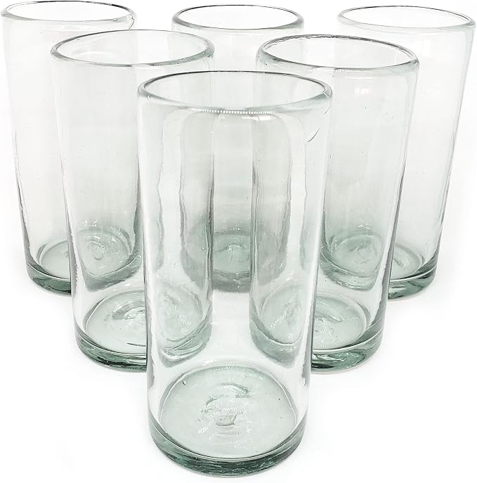 Clear 20 oz Tall Iced Tea Glasses (set of 6), Hand Blown Mexican Glassware, Recycled Glass Drinking Glasses, Lead-Free, Cocktail Margarita Glasses, Wine Glasses, Shot Glasses, Whiskey Glasses (IceTea) by MexHandcraft