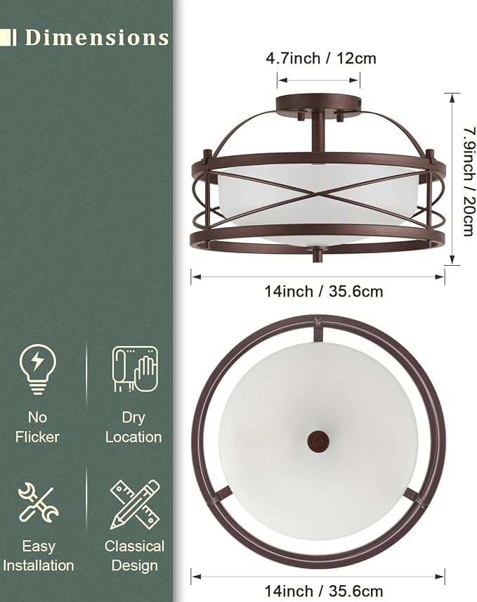 Entryway Drum Light Fixtures, Semi-Flush Mount Rustic Ceiling Light for Hallway Living Room Bedroom Kitchen (Old Bronze Finished) - Image 4
