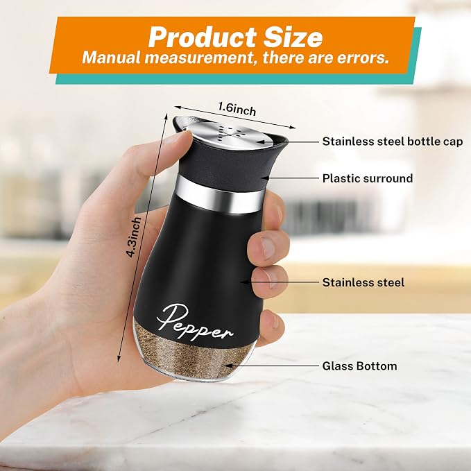 Salt and Pepper Shakers Set,4 oz Glass Bottom Salt Pepper Shaker with Stainless Steel Lid for Kitchen Gadgets Cooking Table, RV, Camp,BBQ Refillable Design (Black) - Image 2
