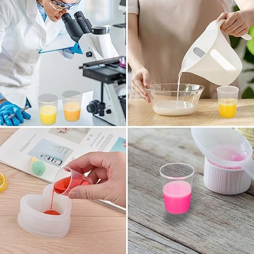 100pcs 50ML Plastic Graduated Measuring Beaker Set, Clear Liquid Measuring Mixing Cups for Epoxy Resin, Liquid Container Beakers for Resin Epoxy Paint Food, Lab Use, Raised Graduations, Tapered Spout