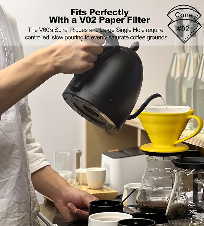 Pour Over Coffee Dripper - Ceramic Pour Over Cone, Porcelain Coffee Maker with 10Pcs Size 02 Paper Filter, Manual Brew Maker for Home, Cafe, Office - 1-4Cup, V60 Size 02 (Yellow)