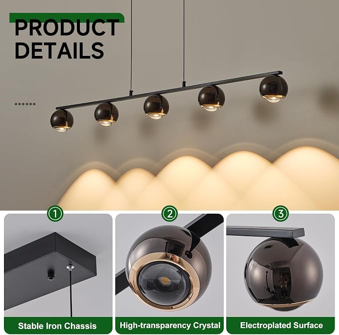 ORANOOR Modern LED Pendant Light, Dimmable 47in Linear Globe LED Chandelier | Black & Gold Chandelier Dining Room Hanging Light Fixtures, Kitchen Island 5-Globe Pendant Lighting for Dining Table (3150lm) - Image 4